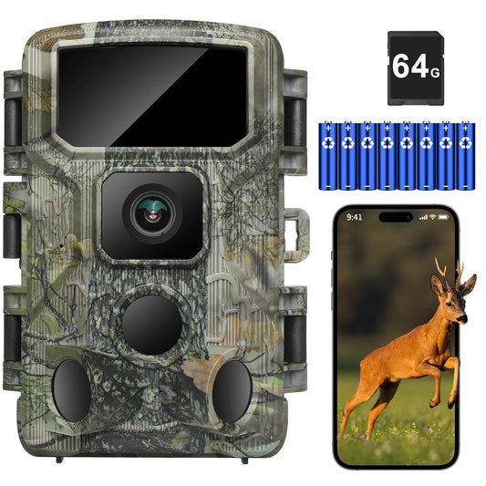 KJK Trail Camera,WiFi Trail Cam 4K 64MP Game Camera 64GB Memory Card 8 Batteries with Night Vision, IP67 Waterproof, 0.05s Trigger Speed and130°Wide-Angle 45pcs Infrared LEDs for Wildlife Monitoring