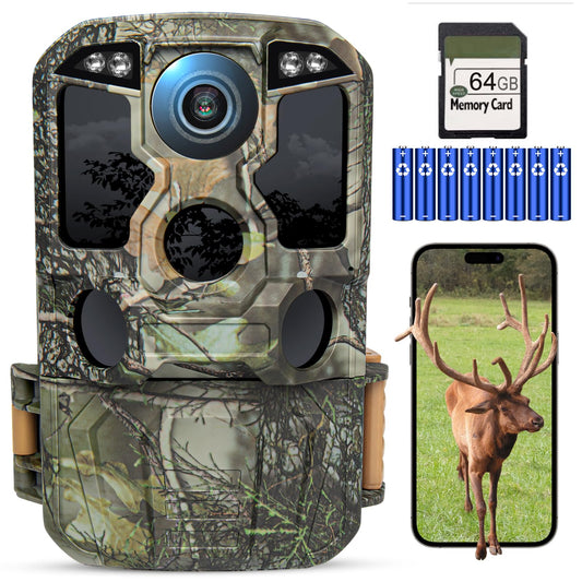 KJK Trail Camera WiFi 8K 84MP with 64GB Memory Card, Game Camera with Night Vision, 0.05s Trigger Motion Activated, IP67 Waterproof 130°Wide-Angle 42pcs No Glow Infrared LEDs for Wildlife Monitoring